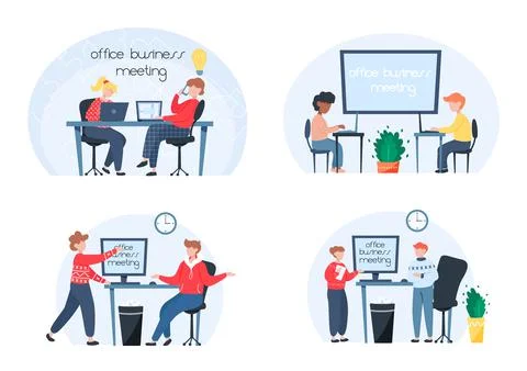 Businesspeople, man and woman, talking, discussing in meeting room with computer Stock Illustration