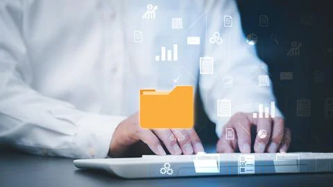 Businesspeople manage corporate document databases through the cloud, cyber.. 스톡 사진