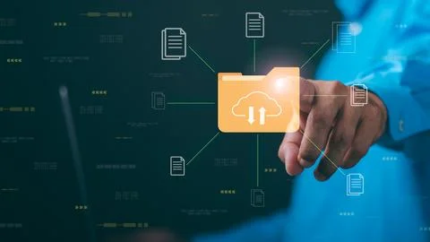 Businesspeople manage corporate document databases through the cloud, cyber.. 스톡 사진