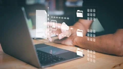 Businesspeople manage corporate document databases through the cloud, cyber.. 스톡 사진