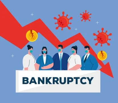 Businesspeople with masks and decrease arrow of bankruptcy vector design Stock Illustration
