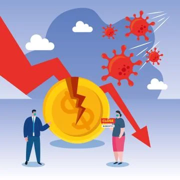 Businesspeople with masks and decrease arrow of bankruptcy vector design Stock Illustration