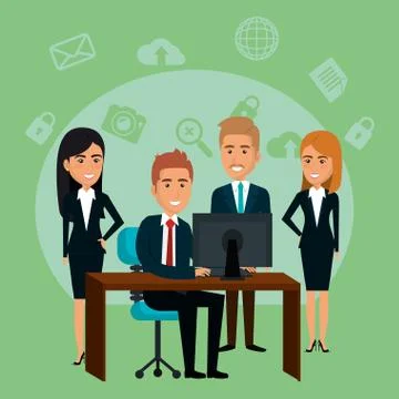 Businesspeople in the office with e-mail marketing icons 库存插图