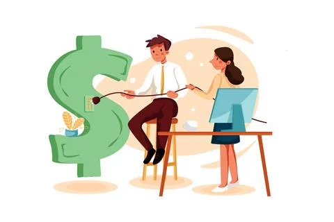 Businesspeople plugging the cable in dollar Stock Illustration