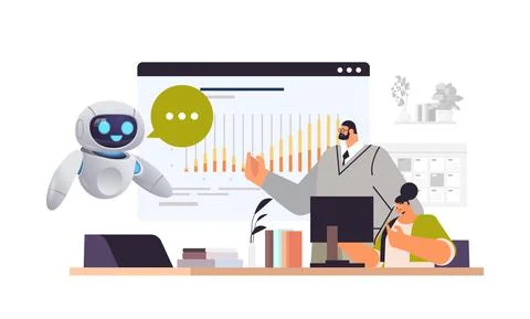 Businesspeople with robot analyzing statistics graph on digital screen business イラスト素材