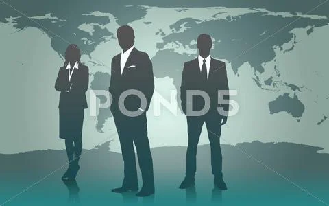 Businesspeople standing against map of world Stock Illustration