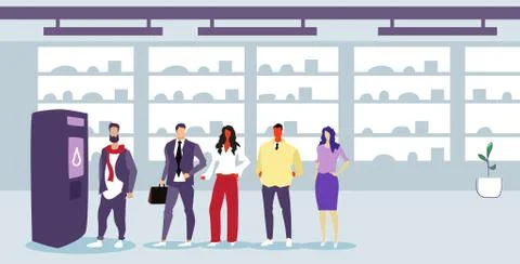 Businesspeople standing line queue at self service vending machine men women Illustrazione stock