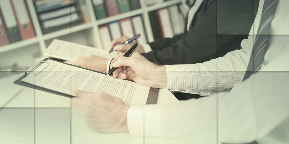 Businesspeople taking notes, geometric pattern Stock Photos