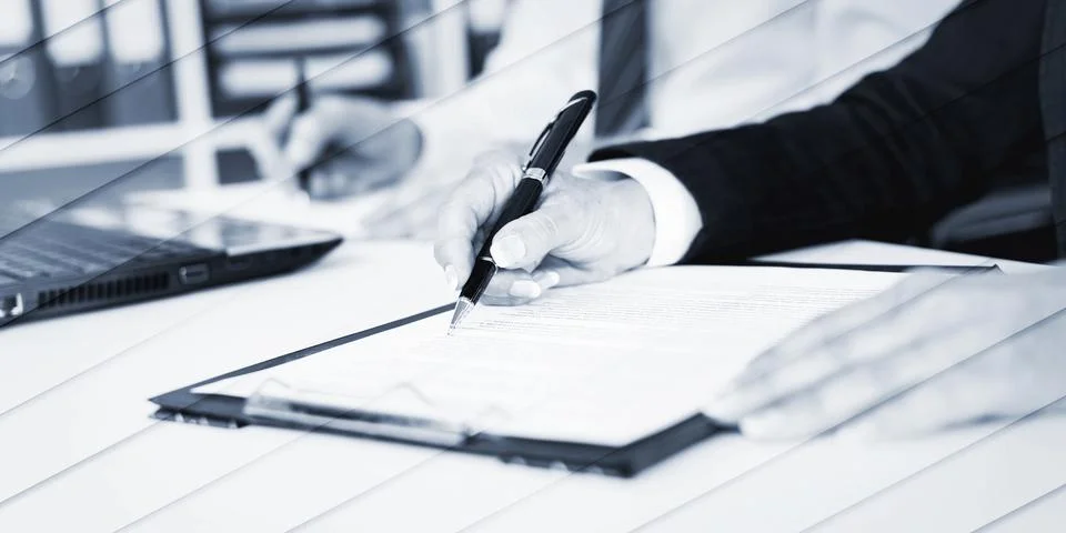 Businesspeople taking notes, geometric pattern Stock Photos