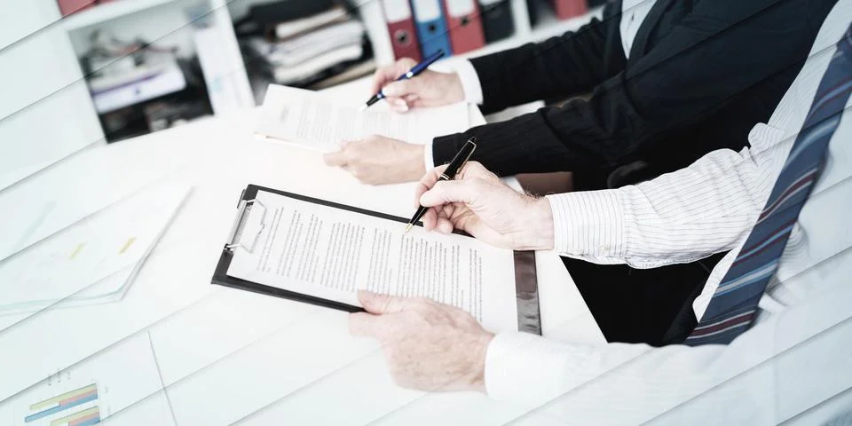 Businesspeople taking notes, geometric pattern Stock Photos