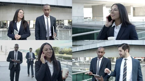 Businesspeople talking on cell while walking outside Stock Footage 130016848