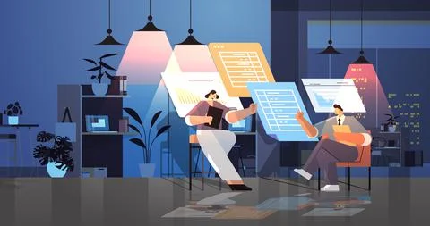 Businesspeople team analyzing statistic data on virtual boards successful Stock Illustration
