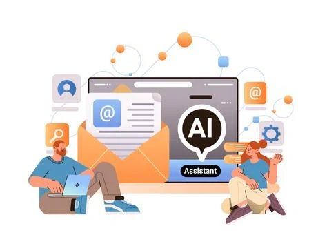 Businesspeople using computer app with email assistant ai helper bot internet Illustrazione stock