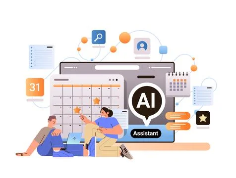 Businesspeople using computer app with personal ai calendar assistant online 스톡 일러스트
