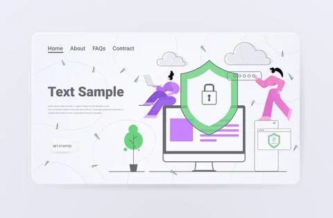 Businesspeople using computer app protection shield with padlock data security Illustrazione stock