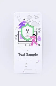 Businesspeople using computer app protection shield with padlock data security Illustrazione stock