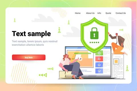 Businesspeople using computer app protection shield with padlock data security Illustrazione stock