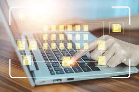 Businesspeople using computer software for document data management Stock Photos