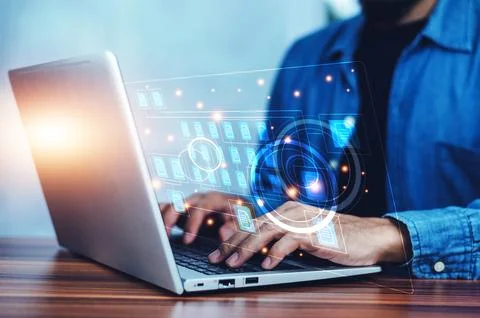 Businesspeople using computer software for document data management Foto stock