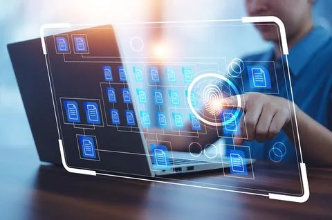 Businesspeople using computer software for document data management 스톡 사진