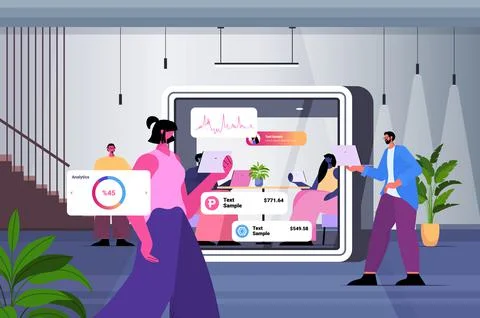 Businesspeople using cryptocurrency mining app virtual money transfer Stock Illustration