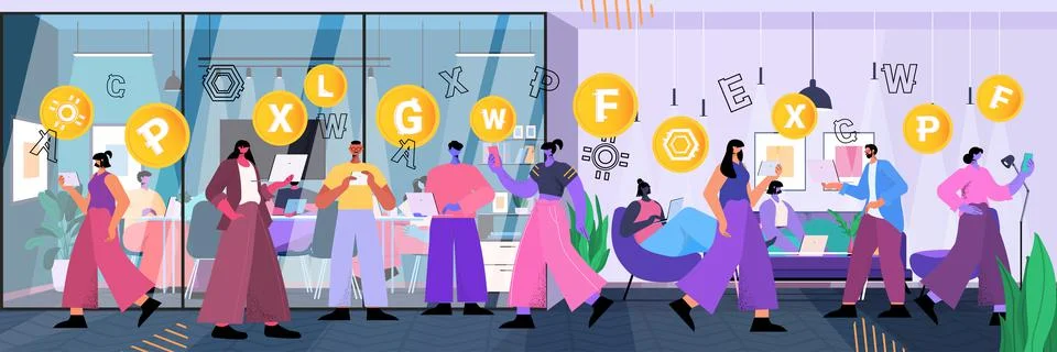 Businesspeople using cryptocurrency mining app virtual money transfer Stock Illustration