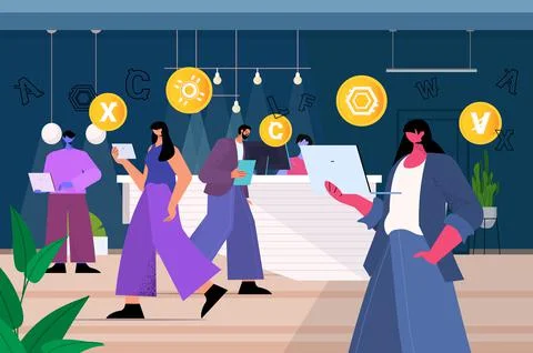 Businesspeople using cryptocurrency mining app on laptops virtual money transfer Illustrazione stock
