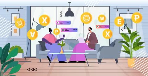 Businesspeople using cryptocurrency mining app virtual money transfer Illustrazione stock