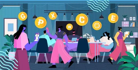 Businesspeople using cryptocurrency mining app virtual money transfer Stock Illustration