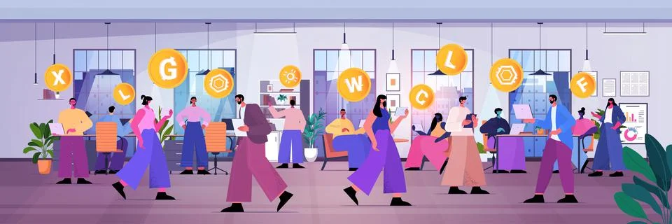 Businesspeople using cryptocurrency mining app on laptops virtual money transfer Illustrazione stock