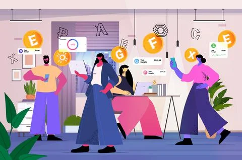 Businesspeople using cryptocurrency mining app on laptops virtual money transfer Illustrazione stock