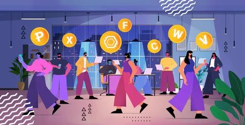 Businesspeople using cryptocurrency mining app on laptops virtual money transfer Stock Illustration