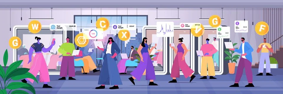 Businesspeople using cryptocurrency mining app virtual money transfer Illustrazione stock