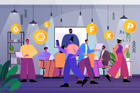 Businesspeople using cryptocurrency mining app on laptops virtual money transfer Stock Illustration
