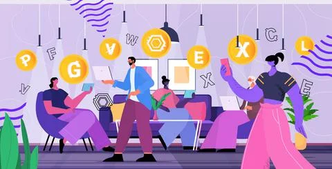 Businesspeople using cryptocurrency mining app virtual money transfer Illustrazione stock