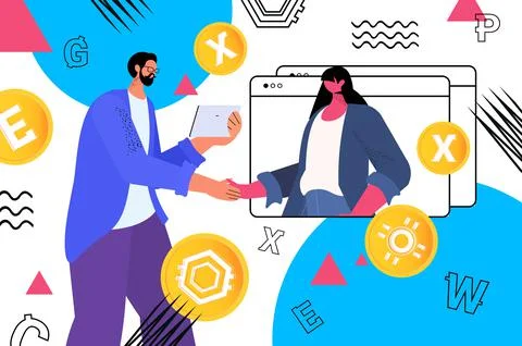 Businesspeople using cryptocurrency mining application on tablet pc virtual Stock Illustration