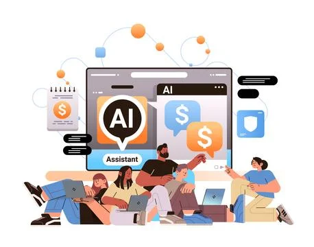 Businesspeople using finance assistant computer app with ai helper bot Stock Illustration