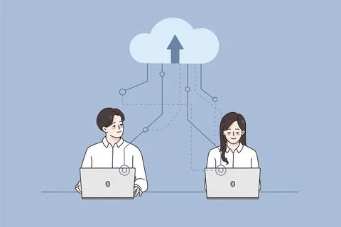 Businesspeople work on computers using cloud service Stock Illustration