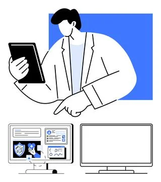 Businessperson analyzing data on tablet while interacting with computer scree Stock Illustration