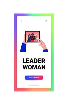 Businessperson hands using tablet pc discussing with mix race businesswomen Stock Illustration