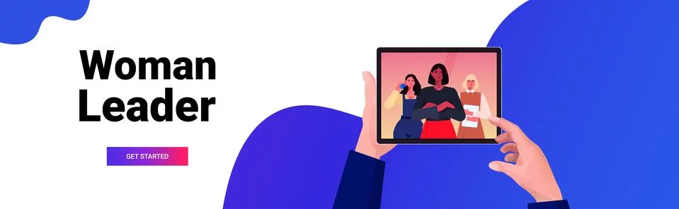 Businessperson hands using tablet pc discussing with mix race businesswomen Stock Illustration