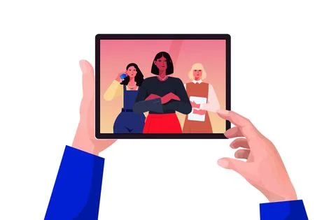 Businessperson hands using tablet pc discussing with mix race businesswomen Stock Illustration