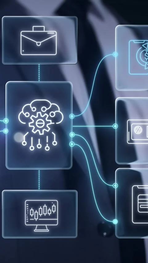 Businessperson interacting with complex fintech digital system Stock Footage 345666885