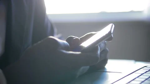 Business,technology,communication.Black business man hands typing on smartphone Stock Footage