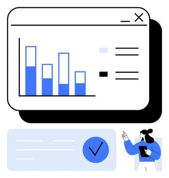 Businesswoman Analyzing Data on Computer Screen with Bar Graphs and Checkmark Stock Illustration
