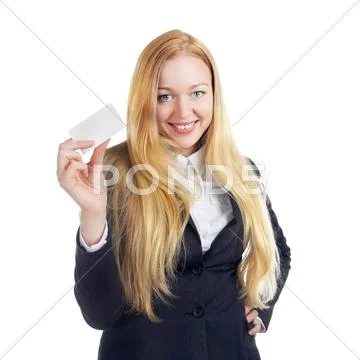 Businesswoman with blank card Stock Photos