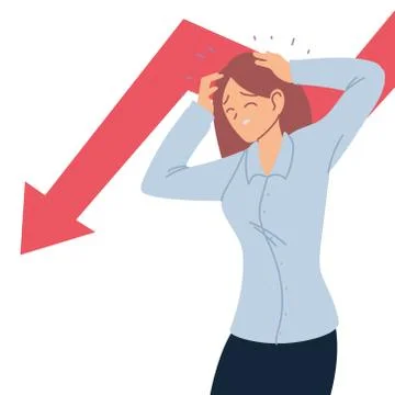 Businesswoman cartoon with headache and decrease arrow vector design Illustrazione stock