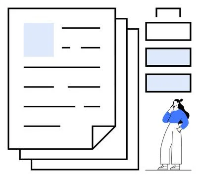 Businesswoman contemplating documents with flowchart elements and abstract .. Stock Illustration