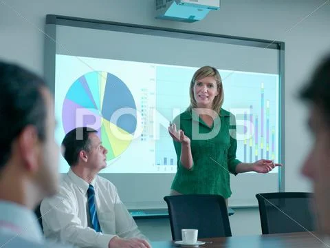 Businesswoman Explaining To Colleagues In Conference Room Using Smart Board