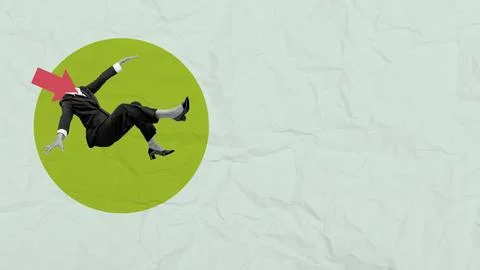 Businesswoman falling down with red arrow instead of head, business failure.. Stock Photos